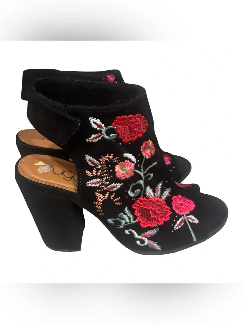 Sugar Black Suede Floral Boho Artsy Embroidered Peep-Toe Heels Size 8